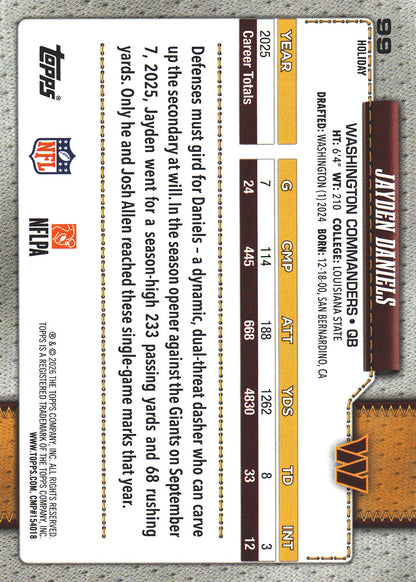 2026 Topps Holiday Jayden Daniels #99 Washington Commanders