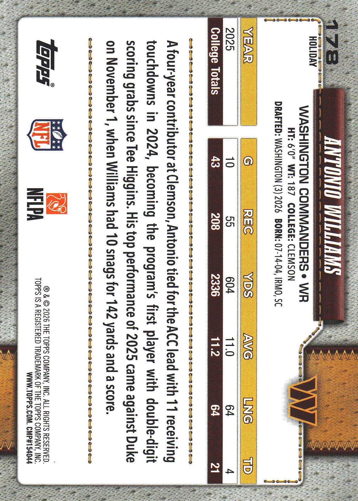 2026 Topps Holiday RC Antonio Williams #178 Washington Commanders