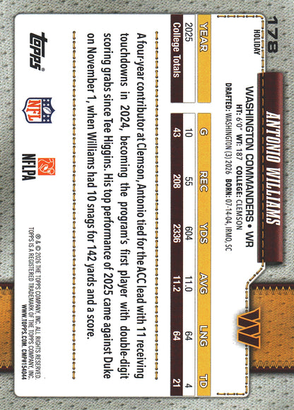 2026 Topps Holiday RC Antonio Williams #178 Washington Commanders