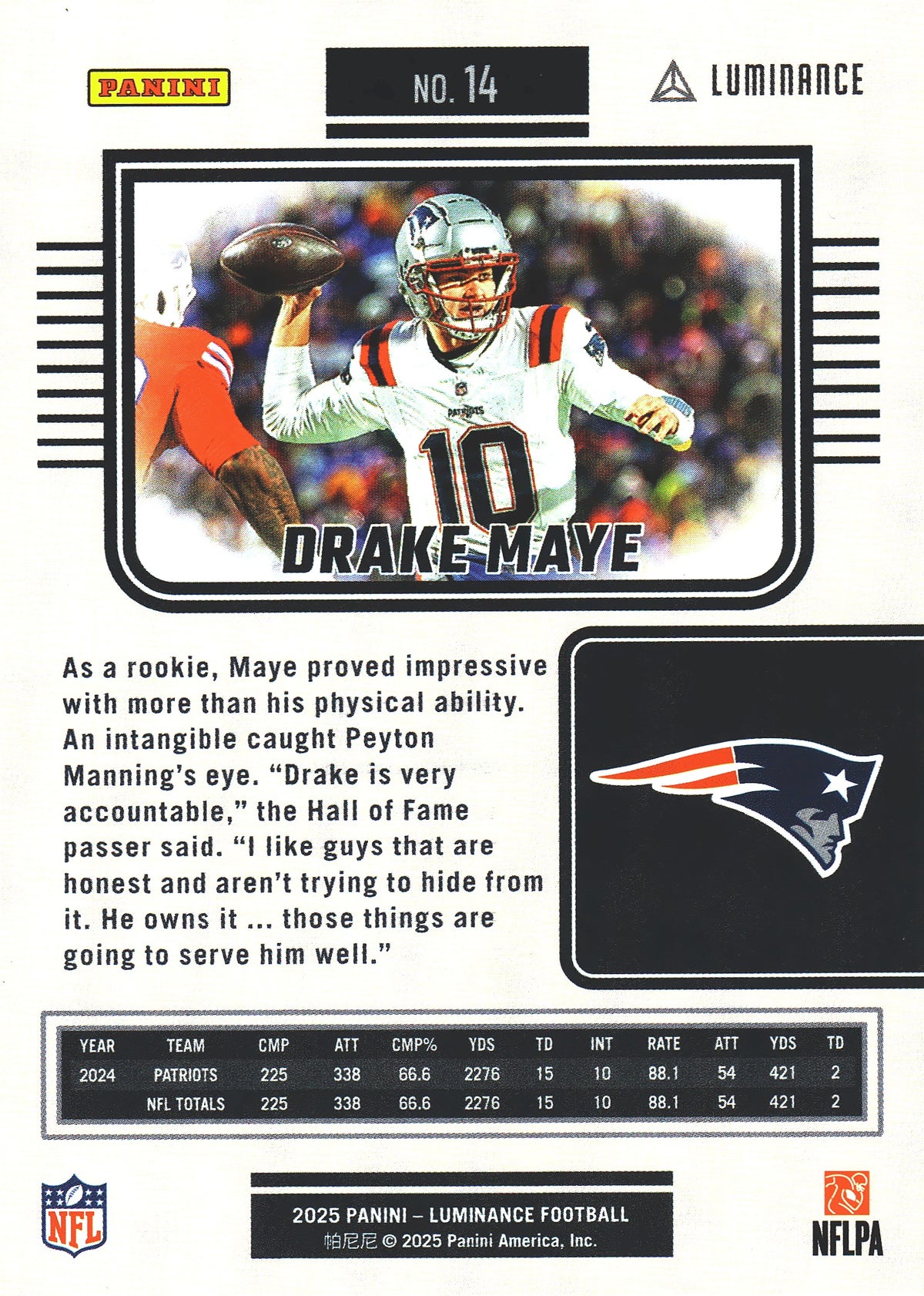 2025 Panini Luminance Drake Maye #14 New England Patriots