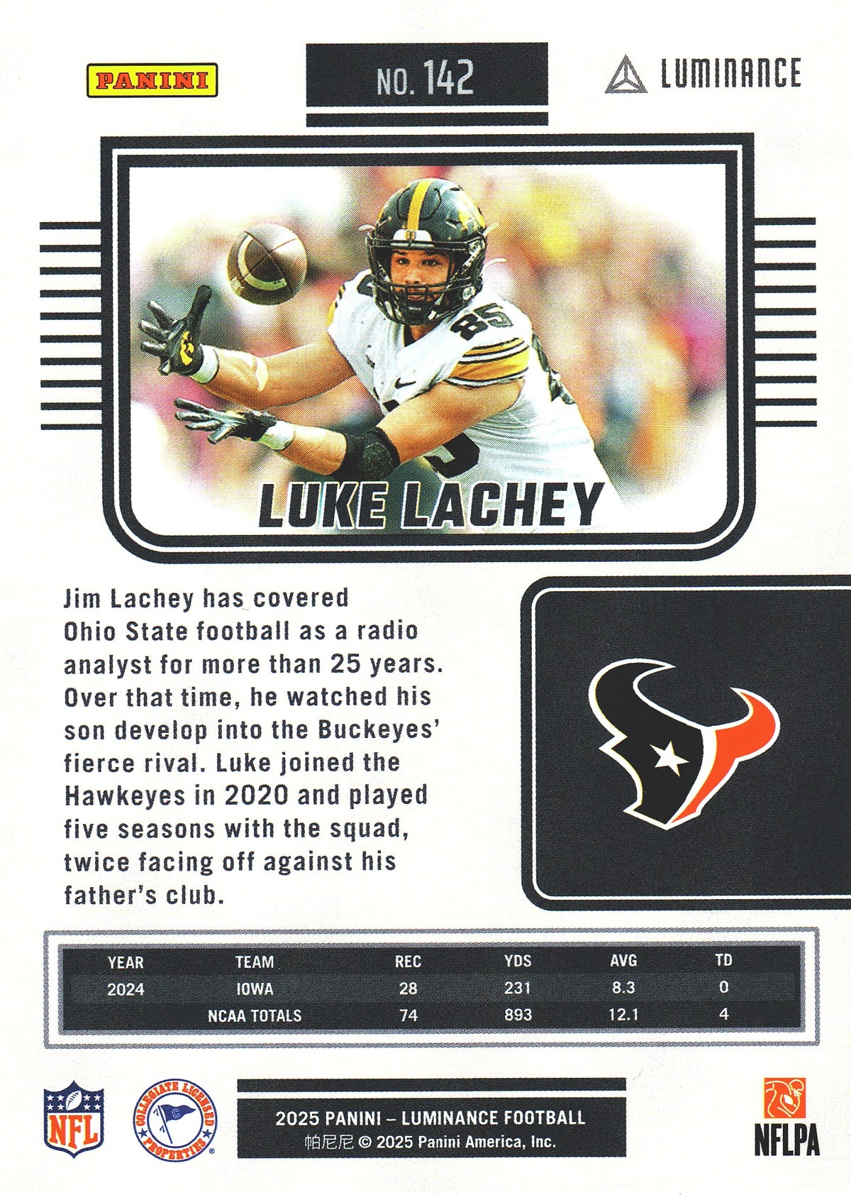 2025 Panini Luminance RC Luke Lachey #142 Houston Texans