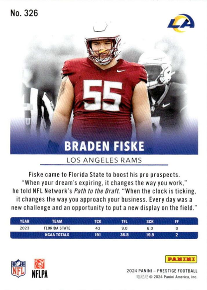 2024 Panini Prestige Braden Fiske RC #326 Los Angeles Rams