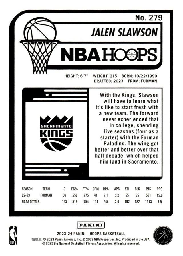 2023 Panini Hoops Jalen Slawson RC #279 Sacramento Kings