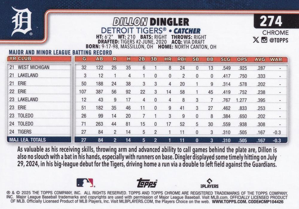 2025 Topps Chrome MLB Dillon Dingler RC #274 Detroit Tigers