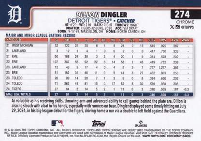 2025 Topps Chrome MLB Dillon Dingler RC #274 Detroit Tigers