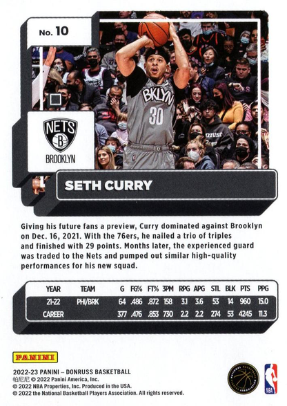 2022 Panini Donruss Seth Curry #10 Brooklyn Nets