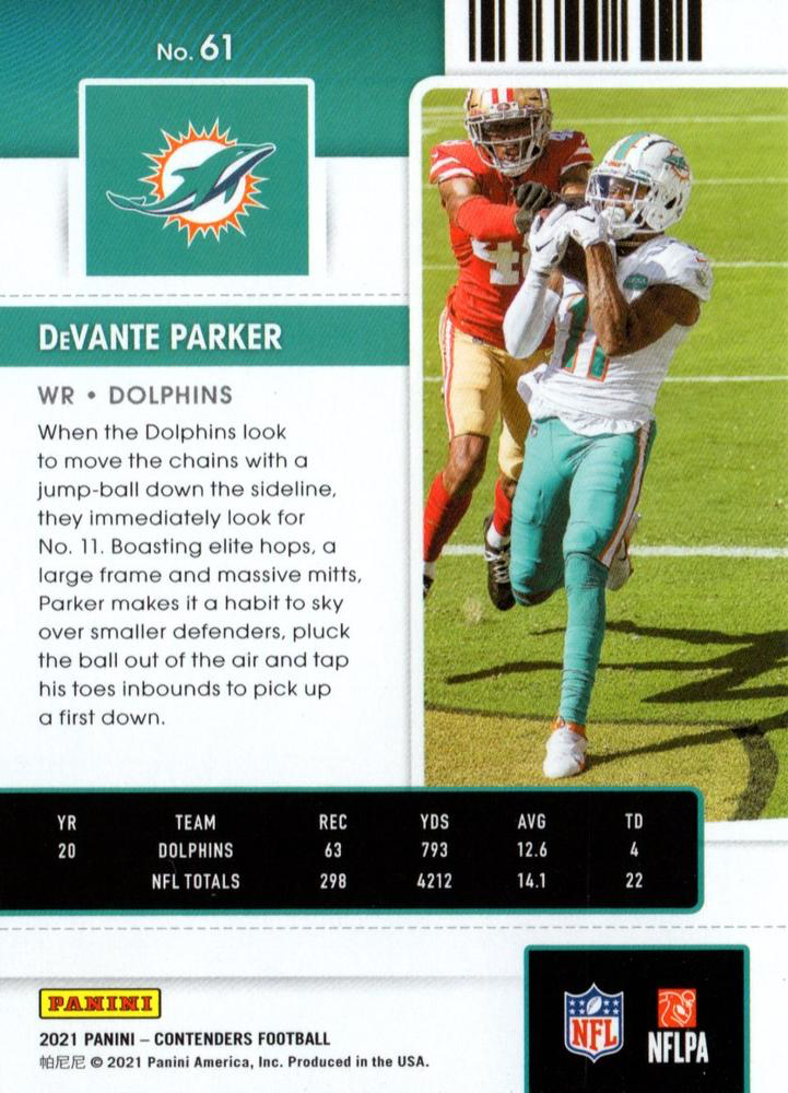 2021 Panini Contenders DeVante Parker Miami Dolphins #61