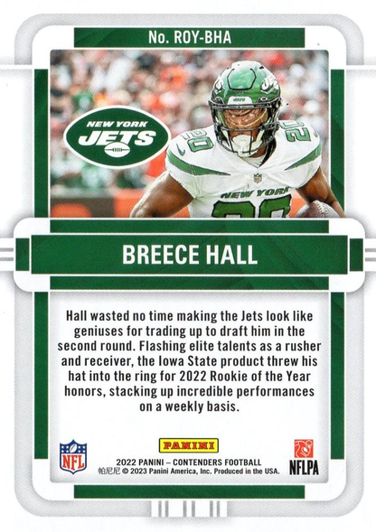 2022 Panini Contenders Rookie of the Year Breece Hall #ROY-BHA New York Jets