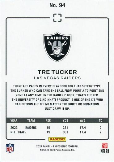 2024 Panini Photogenic Tre Tucker #94 Las Vegas Raiders