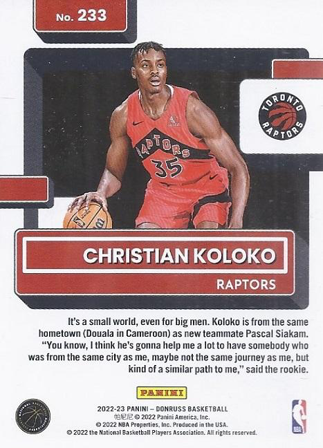 2022 Panini Donruss Rated Rookie RC Christian Koloko #233 Toronto Raptors