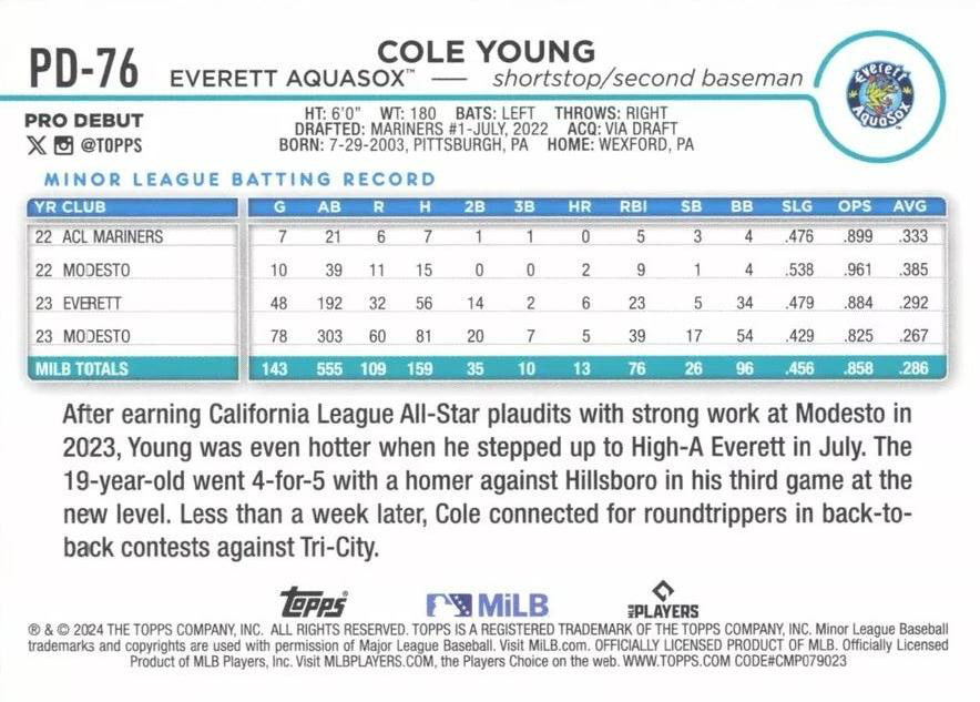 2024 Topps Pro Debut Cole Young #PD-76 Everett AquaSox