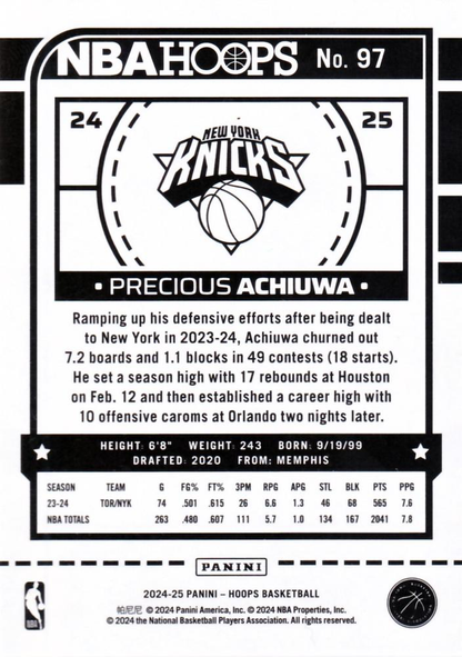 2024 Panini Hoops Precious Achiuwa #97 New York Knicks