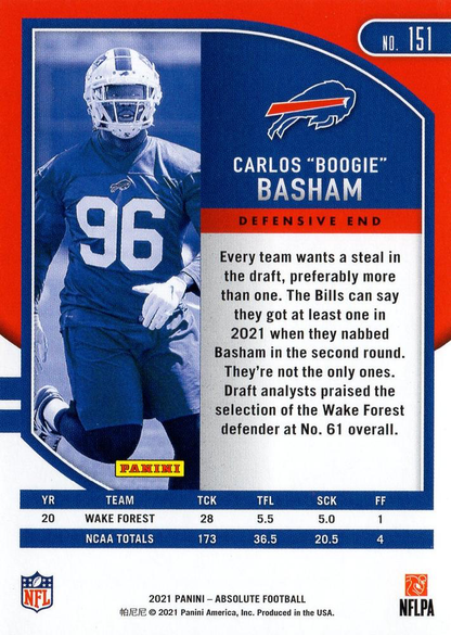 2021 Panini Absolute Retail Carlos 'Boogie' Basham RC #151 Buffalo Bills