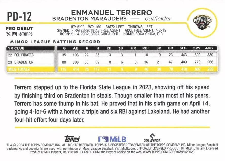 2024 Topps Pro Debut Enmanuel Terrero #PD-12 Bradenton Marauders