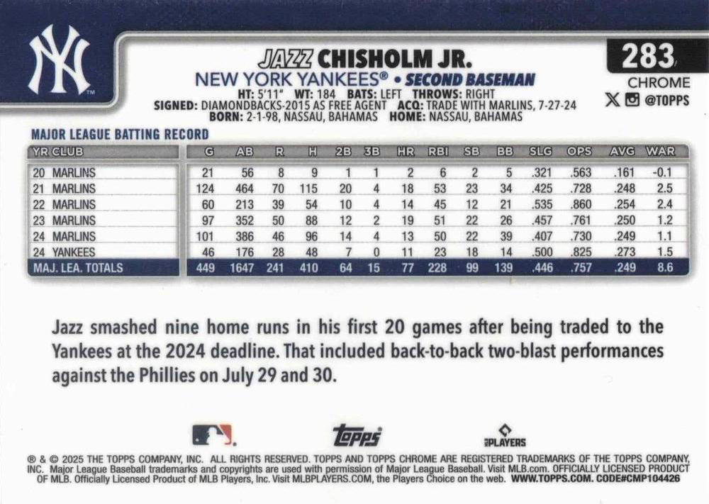 2025 Topps Chrome MLB Jazz Chisholm Jr. #283 New York Yankees