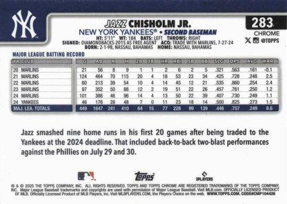 2025 Topps Chrome MLB Jazz Chisholm Jr. #283 New York Yankees