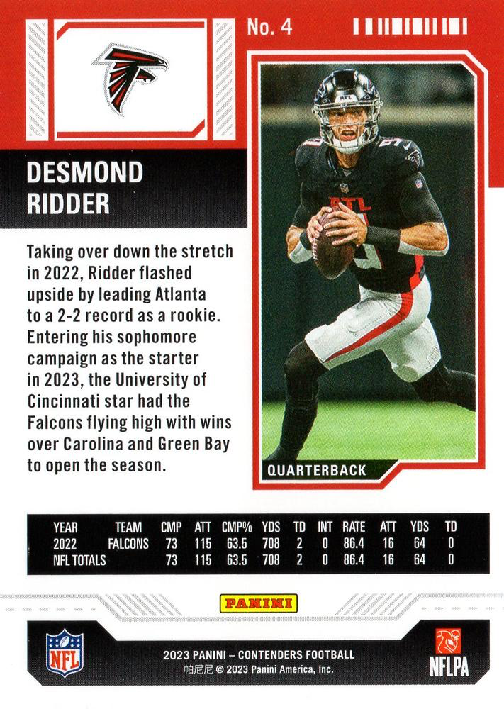 2023 Panini Contenders Desmond Ridder Atlanta Falcons #4
