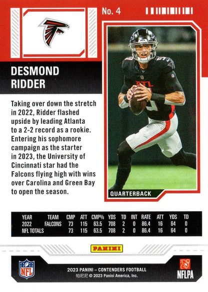 2023 Panini Contenders Desmond Ridder Atlanta Falcons #4