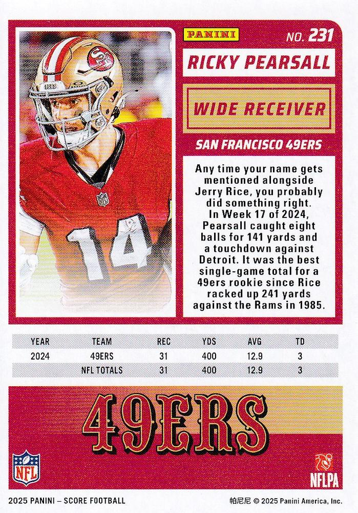 2025 Panini Score Ricky Pearsall #231 San Francisco 49ers