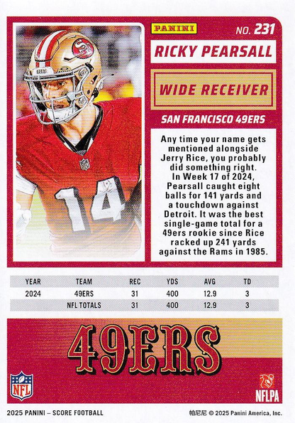 2025 Panini Score Ricky Pearsall #231 San Francisco 49ers