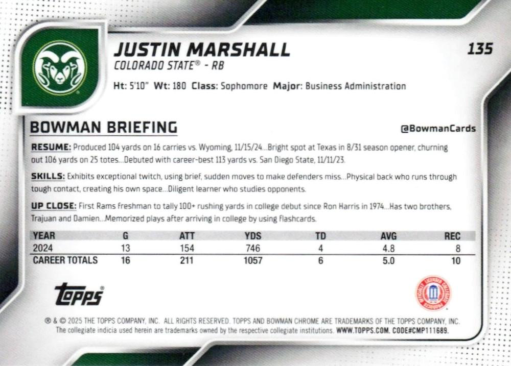 2025 Topps Bowman U Chrome Justin Marshall 1st #135 Colorado State Rams