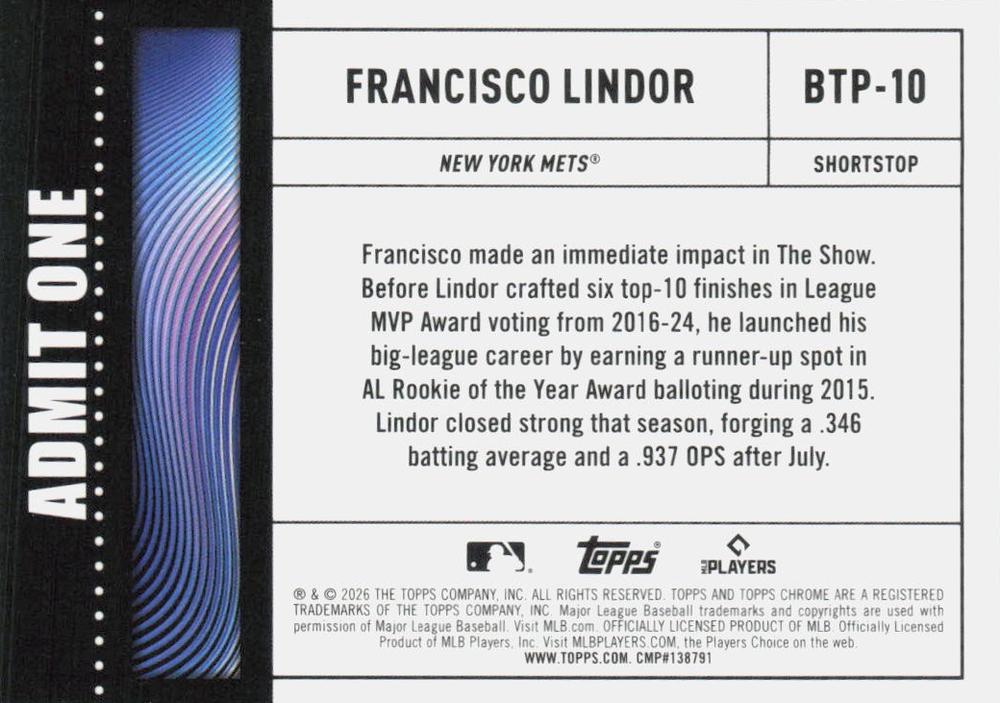2026 Topps Chrome Big Ticket Players Francisco Lindor #BTP-10 New York Mets