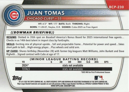 2025 Topps Bowman Chrome Prospect Juan Tomas #BCP-230 Chicago Cubs