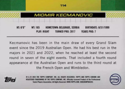 2024 Topps Chrome Tennis Miomir Kecmanovic RC #114