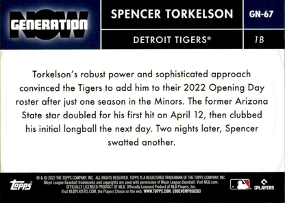 2022 Topps Update Generation Now Spencer Torkelson RC #N-67 Detroit Tigers