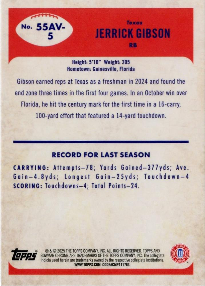2025 Topps Bowman U Chrome 1955 Jerrick Gibson #55AV-5 Texas Longhorns