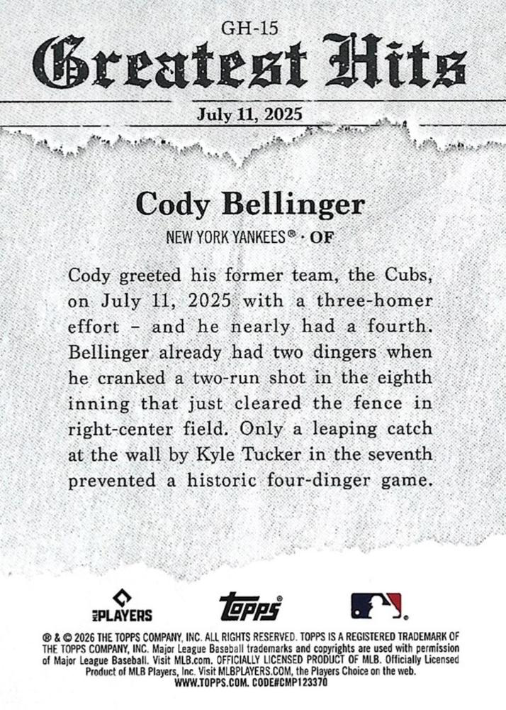 2026 Topps Series 1 2025 Greatest Hits Cody Bellinger #GH-15 New York Yankees