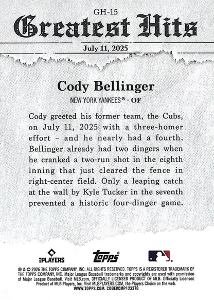 2026 Topps Series 1 2025 Greatest Hits Cody Bellinger #GH-15 New York Yankees