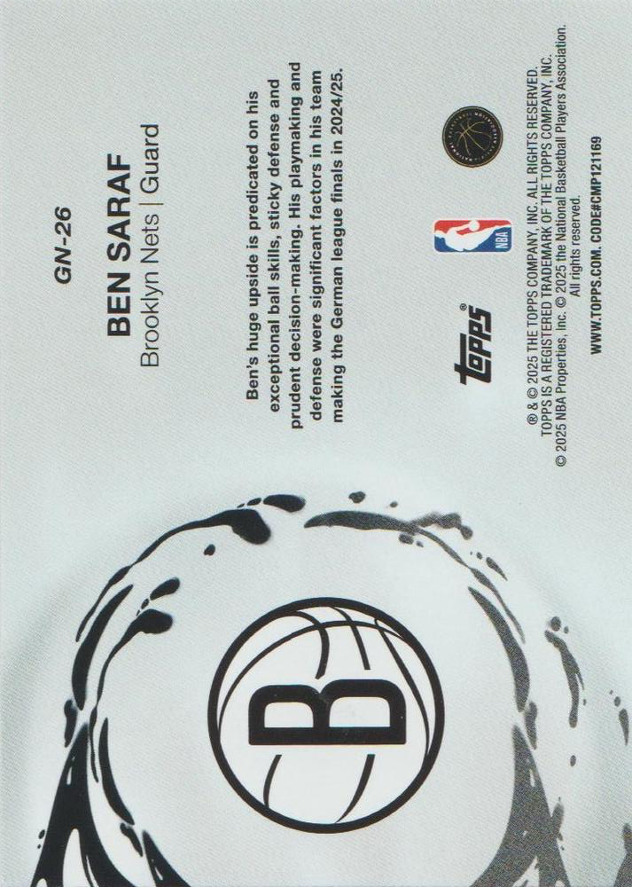 2025 Topps NBA Generation Now Ben Saraf GN-26 Brooklyn Nets
