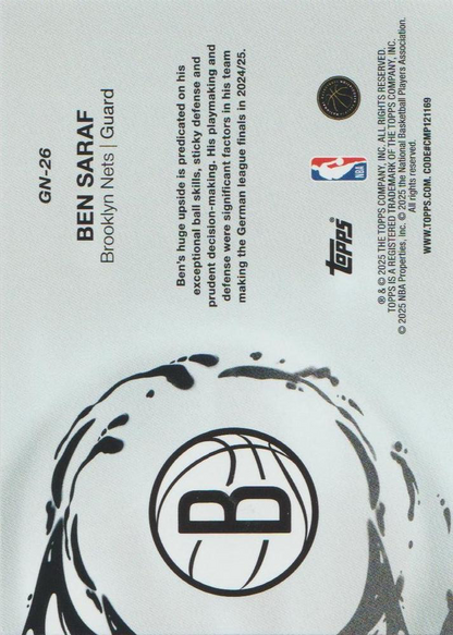 2025 Topps NBA Generation Now Ben Saraf GN-26 Brooklyn Nets