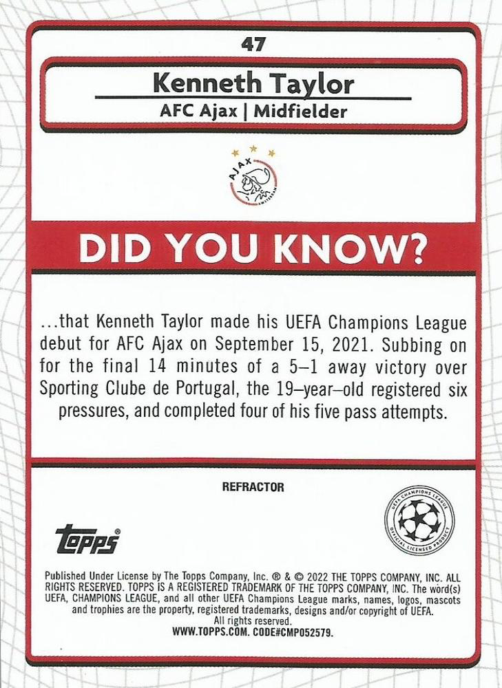 2021 Topps Merlin UEFA Club Competitions Refractor Kenneth Taylor #47 Ajax