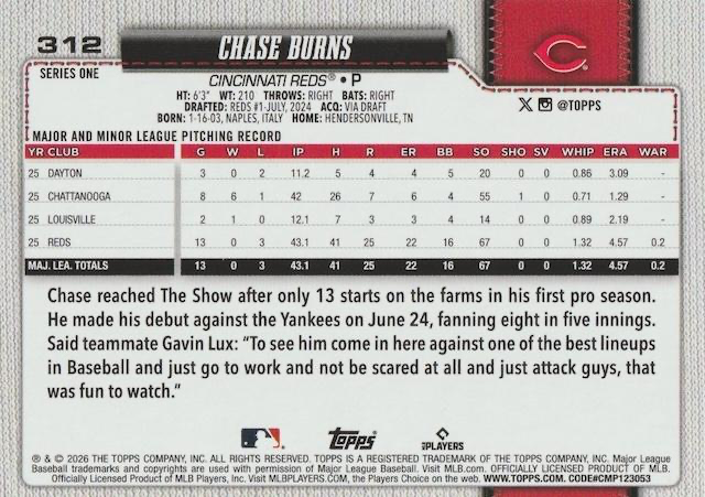 2026 Topps Series 1 Chase Burns RC #312 Cincinnati Reds
