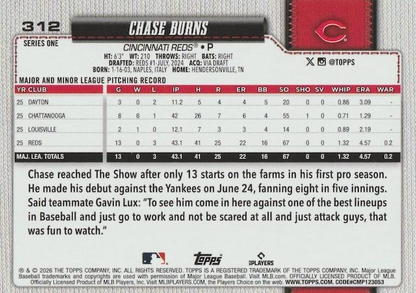 2026 Topps Series 1 Chase Burns RC #312 Cincinnati Reds