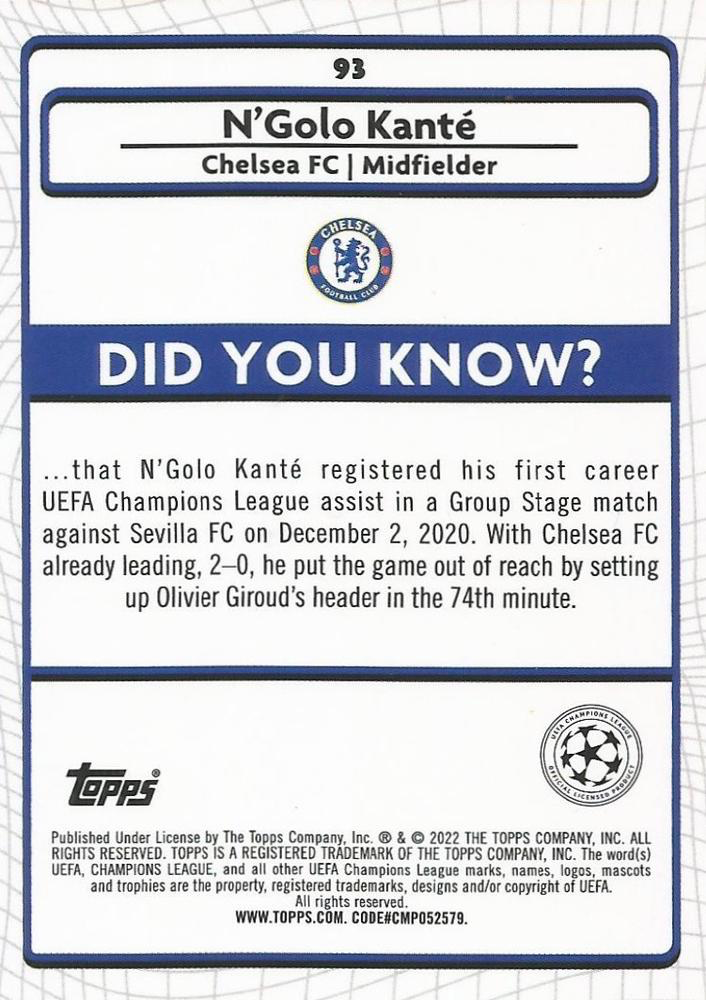 2021 Topps Merlin UEFA Club Competitions N'Golo Kanté #93 Chelsea FC