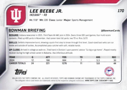 2025 Topps Bowman U Chrome Lee Beebe Jr. 1st #170 Indiana Hoosiers