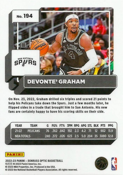 2022 Panini Donruss Optic Devonte' Graham #194 San Antonio Spurs