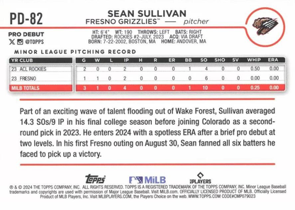2024 Topps Pro Debut Sean Sullivan #PD-82 Fresno Grizzlies