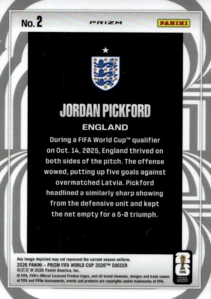 2026 Panini Prizm FIFA World Cup Screamers Silver Jordan Pickford #2 Angleterre