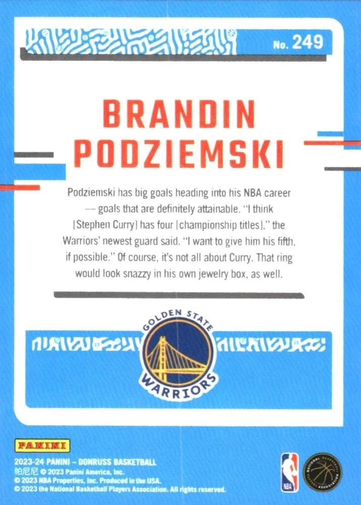 2023 Panini Donruss Brandin Podziemski Rated Rookie #249 Golden State Warriors