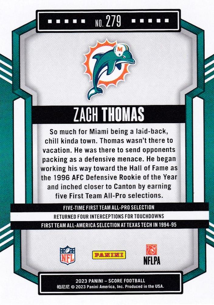 2023 Panini Score Football Zach Thomas Miami Dolphins #279