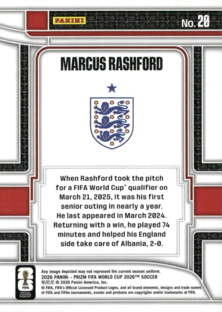 2026 Panini Prizm World Cup Scorers Club Marcus Rashford #20 Angleterre