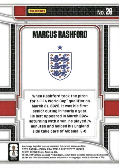 2026 Panini Prizm World Cup Scorers Club Marcus Rashford #20 Angleterre