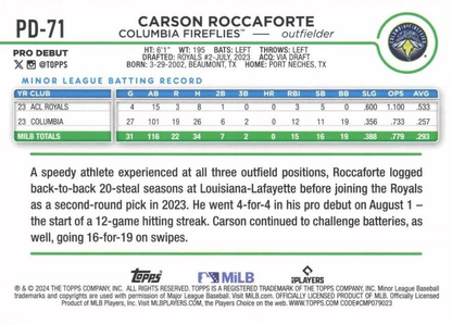 2024 Topps Pro Debut Carson Roccaforte #PD-71 Columbia Fireflies