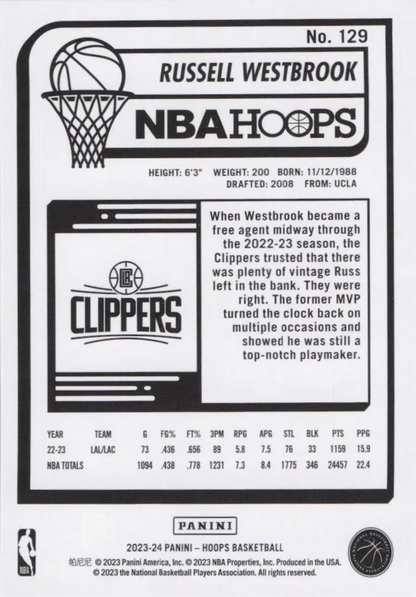 2023 Panini Hoops Purple Russell Westbrook #129 Los Angeles Clippers