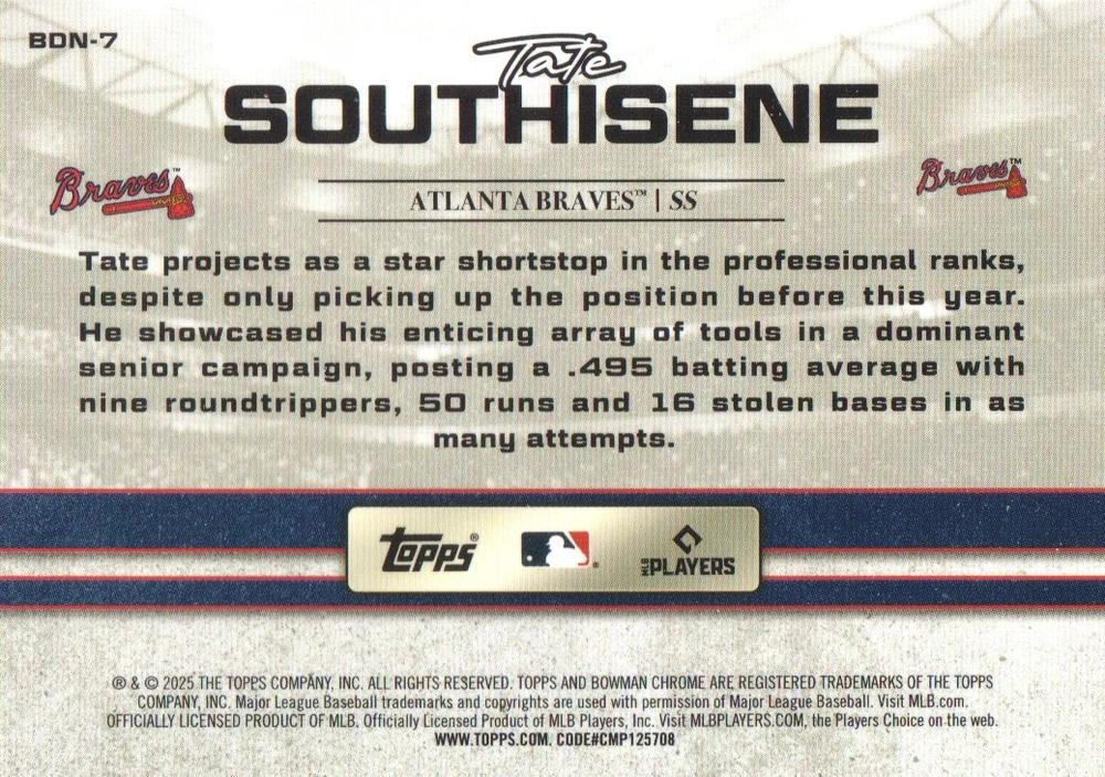 2025 Topps Bowman Draft Draft Night Tate Southisene #BDN-7 Atlanta Braves