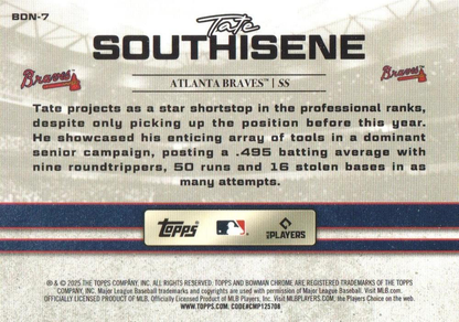 2025 Topps Bowman Draft Draft Night Tate Southisene #BDN-7 Atlanta Braves